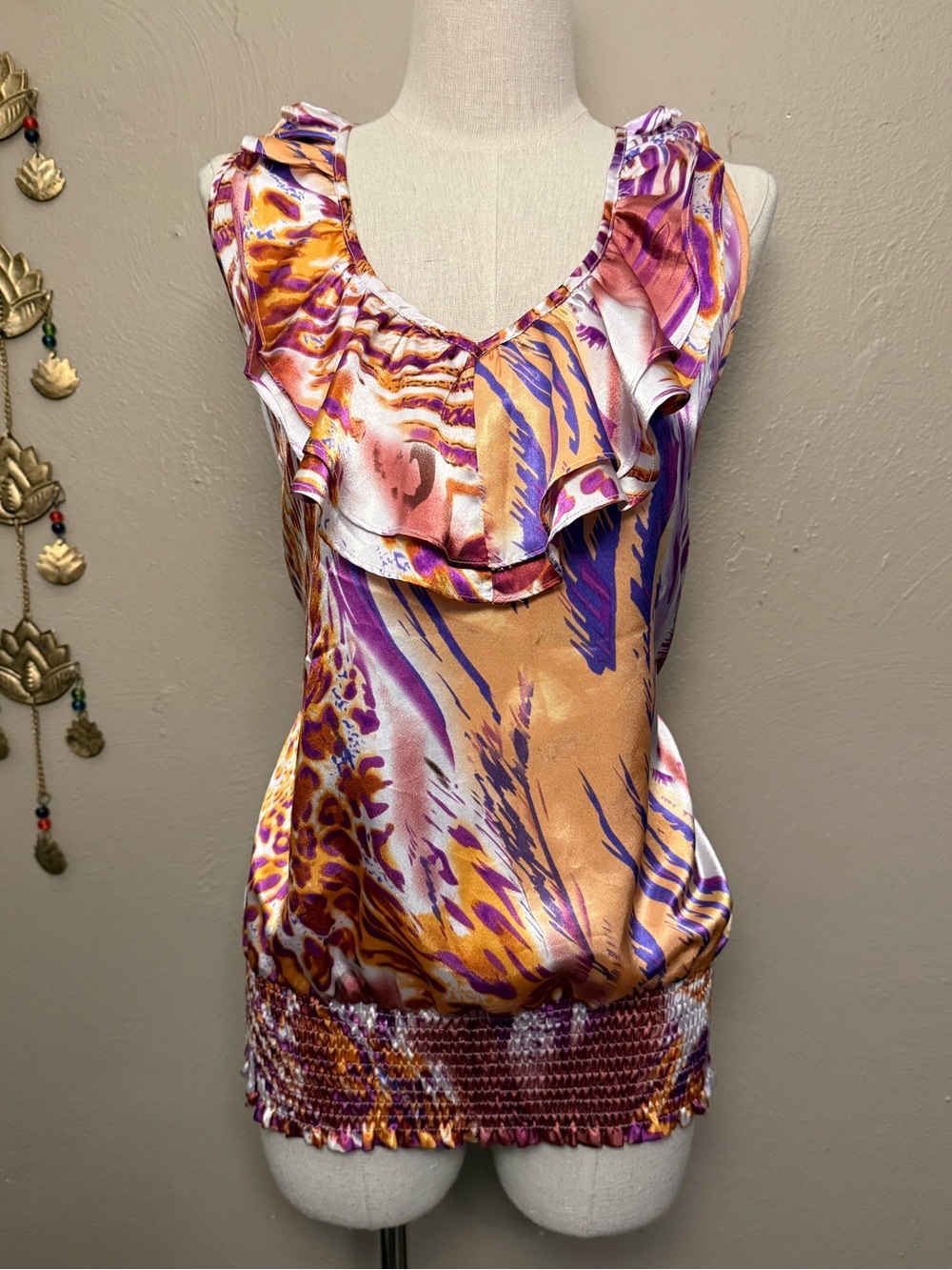 Arden B. Y2K Multi Animal Print Satin Smocked Hem Blouse Tank Top Womens Large